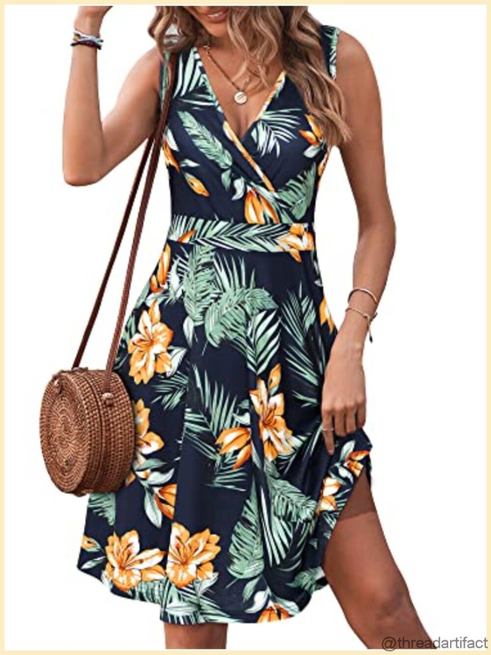 Womens Wrap V Neck Sleeveless Sundress Floral Summer Flare Tank Dress with